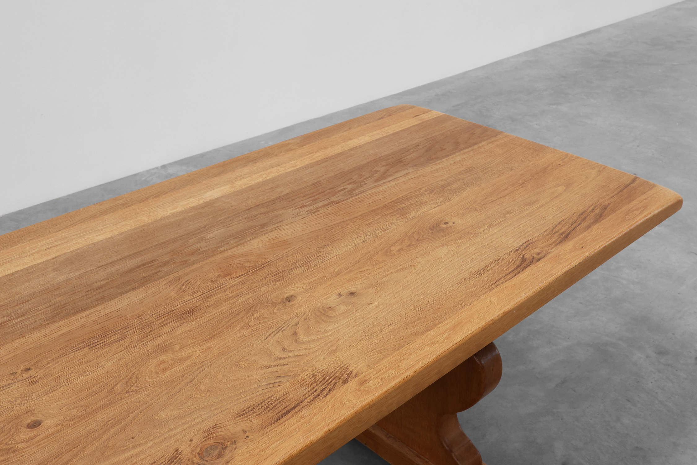 20th Century French oak trestle table with scalloped legs and plank topthumbnail